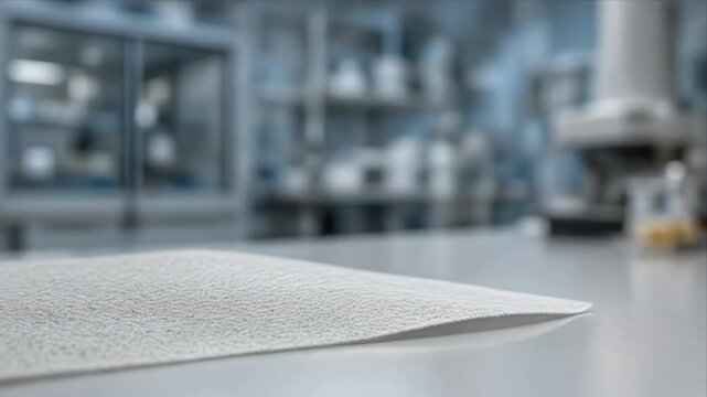 Cinematic macro view of sustainable white textured paper sheet laboratory table with soft background blur showcasing clean modern industry design concept and macro background sustainable paper