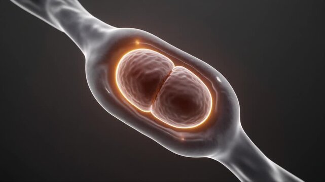 Scientific mitochondria visualization inside a simplified muscle cell, illustrating cellular energy production for healthcare education, biotechnology content and wellness presentations.