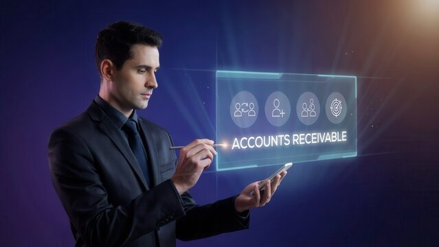 Businessman interacting with a digital holographic interface for accounts receivable management.