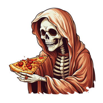 Grim reaper skeleton wearing a hooded robe eating a slice of pizza, funny Halloween spooky character vector illustration transparent background