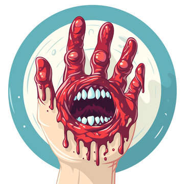 Creepy bleeding hand with a scary mouth and sharp teeth inside a circle, Halloween horror monster concept vector illustration design