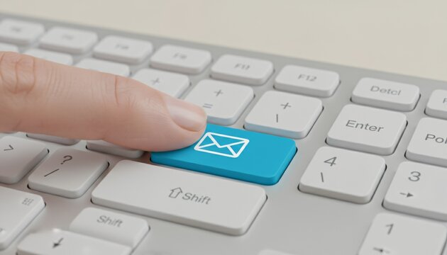 Finger pressing a blue email icon button on a computer keyboard, symbolizing sending or receiving messages.