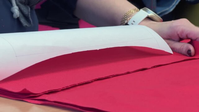 Caucasian woman uses her hands to position a paper pattern on a red fabric surface, ensuring alignment and preparation for cutting, with additional materials visible in the background