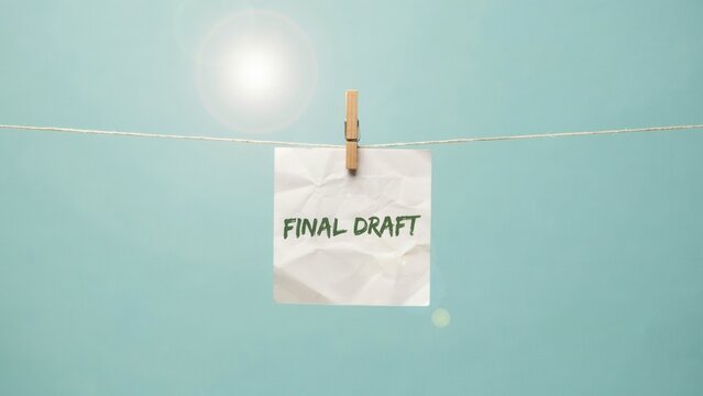 Final Draft note hanging on a clothesline against a bright minimalist blue background.
