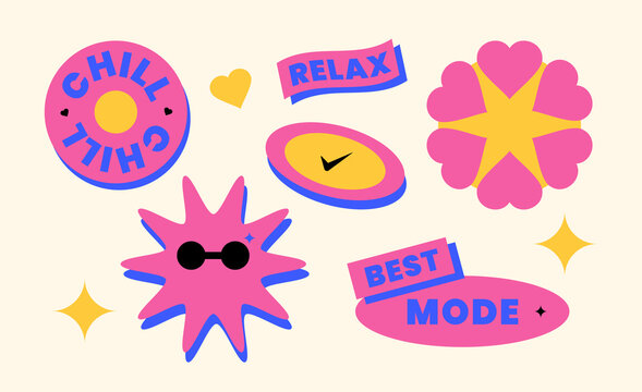 Neobrutalist Colorful Sticker Collection with Cute Shapes, Trendy Labels and Fun Graphic Elements
