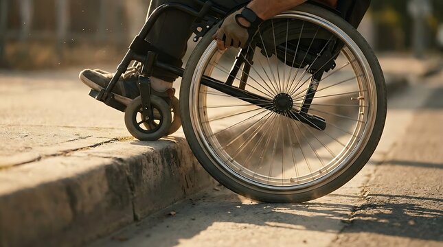 Person navigating wheelchair over street curb