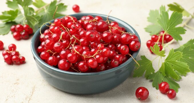 Fresh red currants in bowl and green leaves on light textured table, closeup