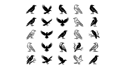Naklejka premium Black raven and crow silhouette set.
