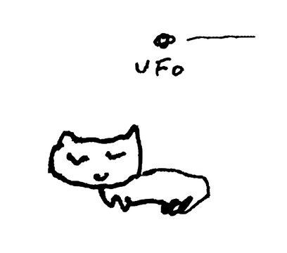 Monochrome hand drawn pen drawing of UFO and cat set