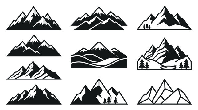 Black mountain range and forest silhouette icons.