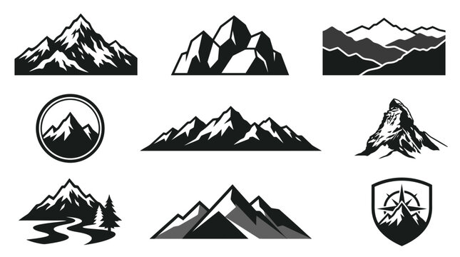 Black mountain silhouette and logo set.