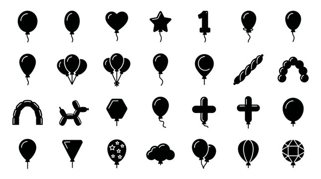 Black balloon silhouette icons for party and celebration.