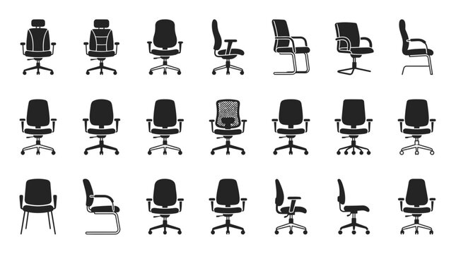 Black office chair silhouette icons for workplace design.