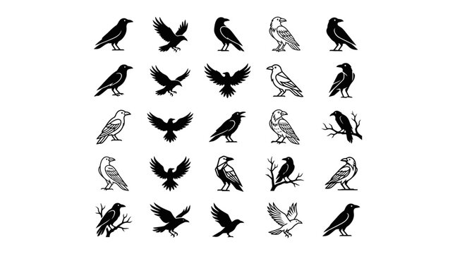 Black raven and crow silhouette set.