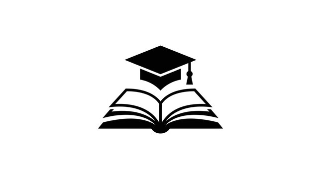 Black graduation cap on open book icon.