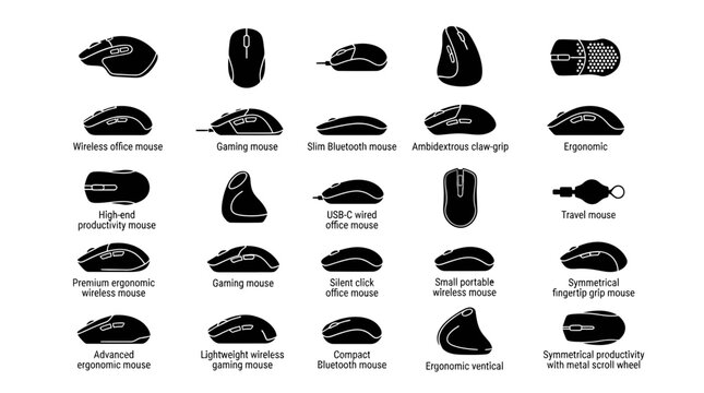 Black silhouette computer mouse variety icons.