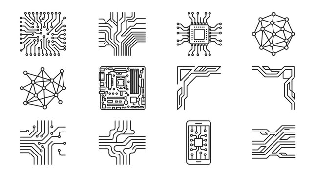 Black circuit board and motherboard line art patterns.