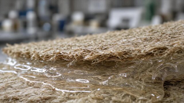 Cinematic macro view of sustainable industry fiber panel background with clear bio resin layer creating eco material texture for innovative green manufacturing and product mockup design photography