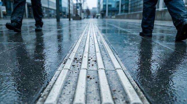 Tactile paving on wet city sidewalk