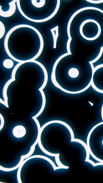 Dense neon pattern of overlapping glowing rings, scalloped cloud silhouettes, concentric circles, and solid dots with cyan halo on black panoramic background, with abstract, neon, glow, circle detail