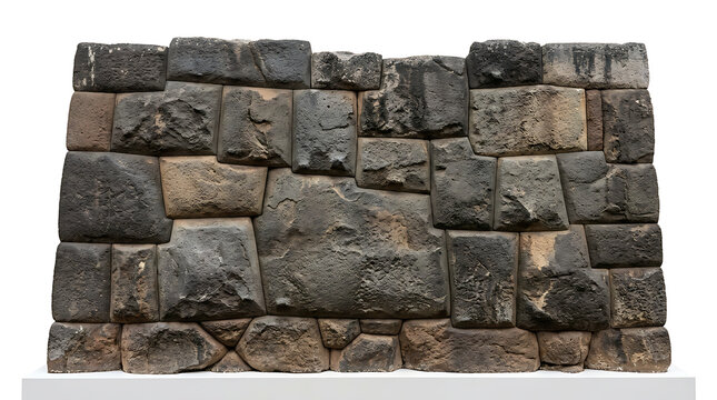 Ancient Inca Style Stonework Wall Section with Interlocking Stone Blocks on White Background