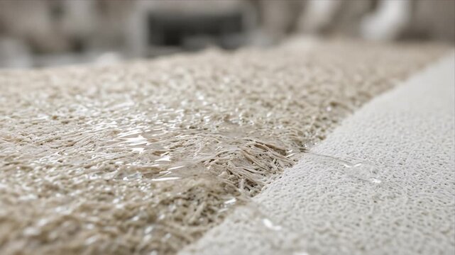 Cinematic sustainable industry macro background texture of recycled fiber sheet with wet glossy surface focus and blurred factory environment creating abstract eco friendly production mood