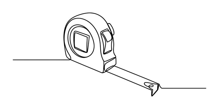 Continuous one line drawing of a measuring tape tool for construction and home renovation projects
