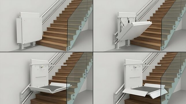 Stairlift mechanism unfolding on modern staircase