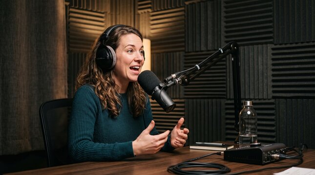 Podcast Host in Studio: A dynamic female podcast host with curly hair speaks passionately into a professional microphone, wearing headphones in a sound-treated studio.