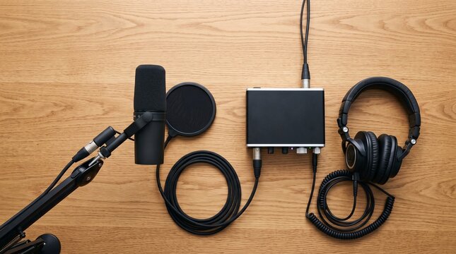 Audio Recording Setup: A professional audio recording setup featuring a condenser microphone with pop filter, audio interface, and studio headphones laid out on a wooden surface, ready for creation.