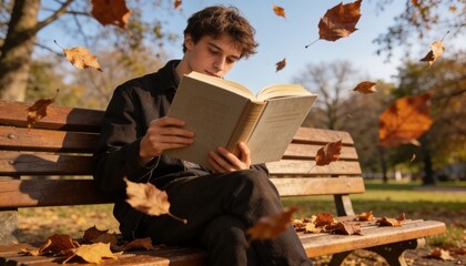 Fototapeta premium Autumnal Serenity: A young man finds solace in a book on a park bench, surrounded by falling autumn leaves, enjoying a moment of quiet contemplation amidst the vibrant colors of the season.