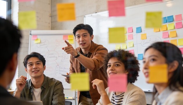 Brainstorming Session: A dynamic team of diverse professionals engaged in a lively brainstorming session, using sticky notes on a glass wall to visualize ideas, fostering collaboration and innovation.