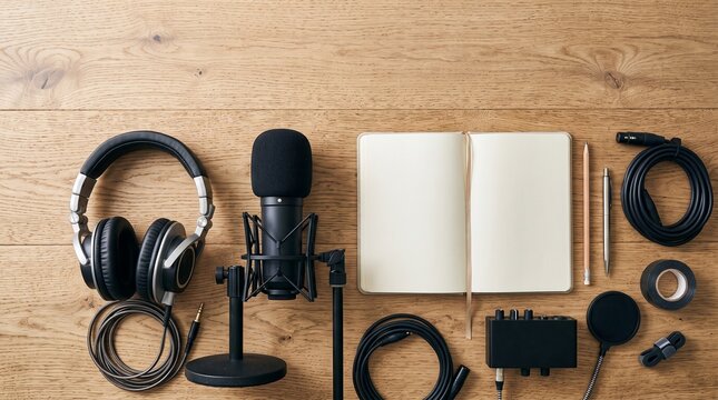 Podcast Studio Setup: A collection of essential podcasting equipment including a microphone, headphones, audio interface, and notebook, neatly arranged on a wooden surface, ready for recording.