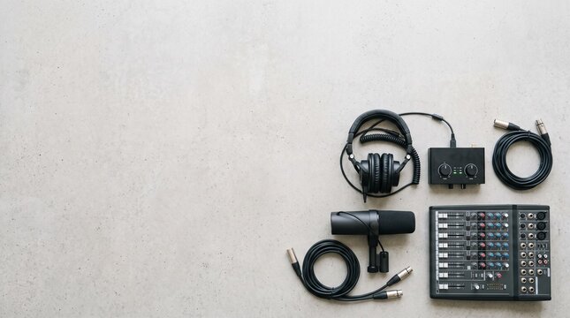Audio Recording Setup: A minimalist flat lay showcases essential audio recording equipment, including a professional microphone, headphones, audio interface, and mixing board.