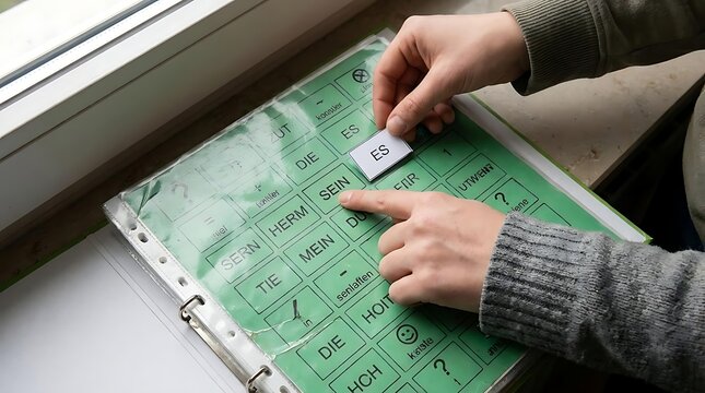 Hands using German language communication board