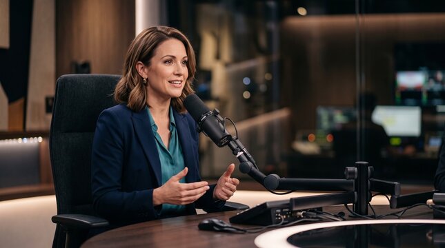 Podcast Host in Session: A professional woman speaks passionately into a microphone, seated at a broadcast desk, creating an engaging atmosphere for her audience.