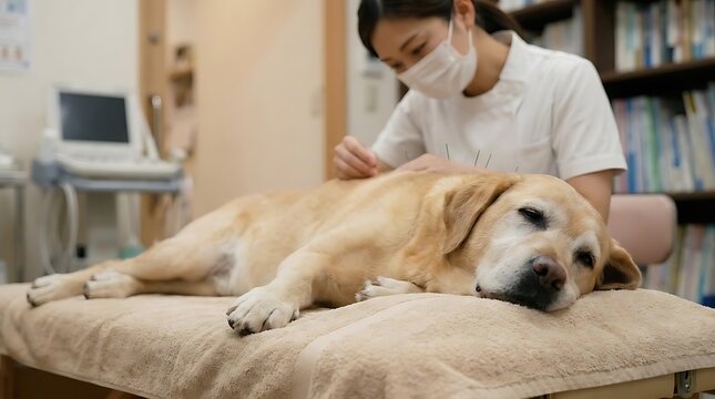 Veterinarian performing acupuncture on a dog in clinic