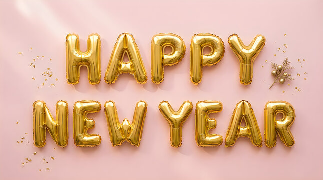 Golden 'happy new year' balloons on a soft pink background