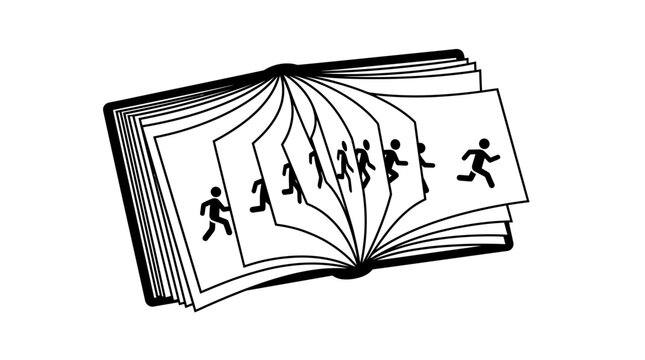 A flipbook animation showing a stick figure running across the pages of an open book.