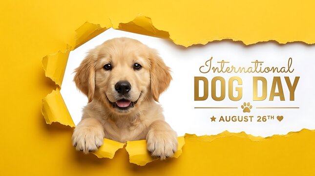 Golden Retriever Puppy Peeking Through Torn Yellow Paper, International Dog Day Celebration Banner on August 26th, Cute Pet Portrait Isolated on White