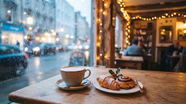 Cozy cafe breakfast with cappuccino and pastry by window, inviting coffee shop interior, wooden table with rain wet street background, warm lights, atmospheric food and drink photography