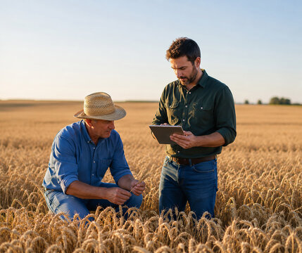 Two farmers review crop data on a tablet while standing in a golden wheat field under a clear blue sky, highlighting modern agriculture, teamwork, technology, and rural farm management and fieldwork. 