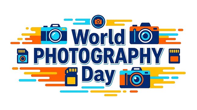 World Photography Day design template. Camera and memory card icons illustration. Blue and orange vector art. Travel event promo. Happy celebration greeting label.