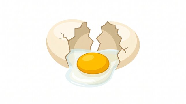 Cracked Chicken Egg Flat Illustration &ndash; Fresh egg with split shell and visible golden yolk, isolated on white background for cooking, baking, food, and ingredient concepts.