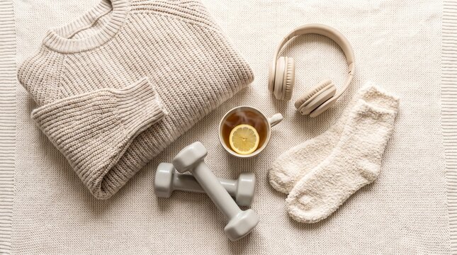 Cozy fitness flat lay with socks weights tea and headphones cozy cardio concept with copy space