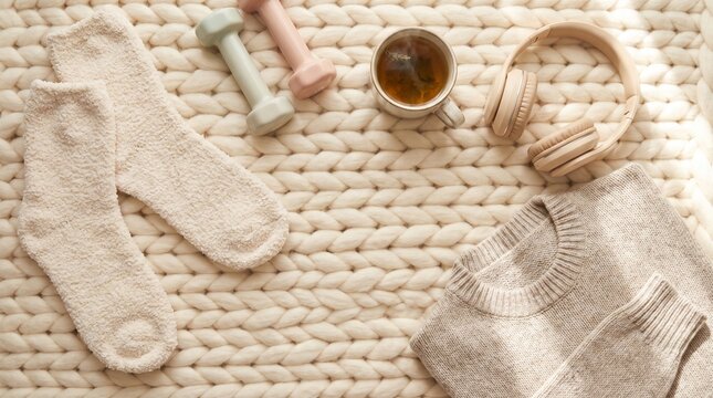 Cozy fitness flat lay with socks weights tea and headphones cozy cardio concept with copy space