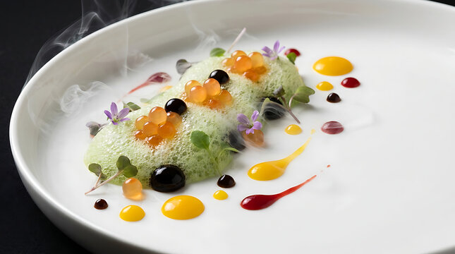 Avant-garde molecular gastronomy with spheres, foam, and artistic plating. 
Innovative fine dining. Perfect for high-end restaurants and culinary innovation.