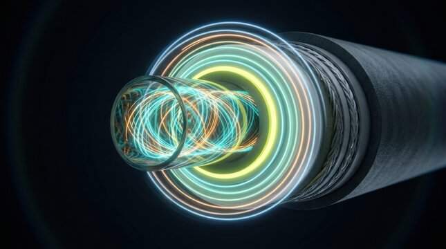 Cross-sectional view of a glass fiber cable reveals layered rings of encrypted light. Cybersecurity technology concept