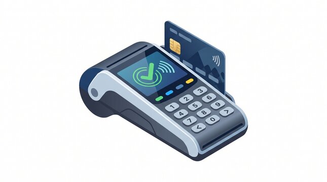 Isometric Payment Terminal with NFC Card, Interactive POS Device, Contactless Transaction Concept, Digital Banking Illustration, Financial Technology Graphic