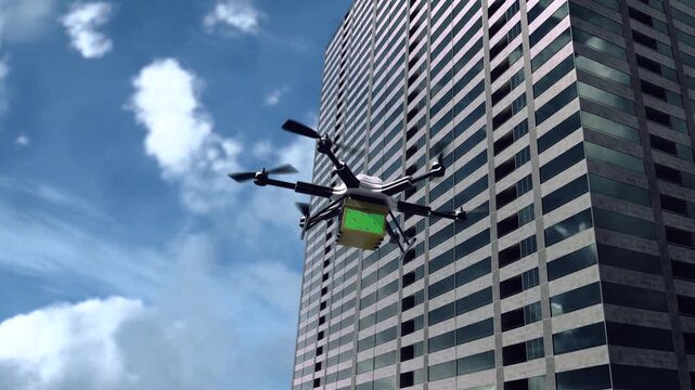 3D animation of a delivery drone carrying a package with green screen tracking markers, flying near a modern skyscraper under a blue sky.